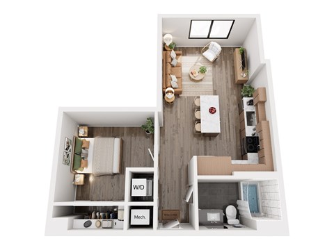 Floor plan for 1 bed, 1 bath, 646 sqft